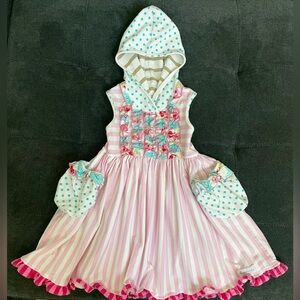 SWEETHONEY 4T Pink and White Striped Girls Hooded Dress with Polka Dot Accents